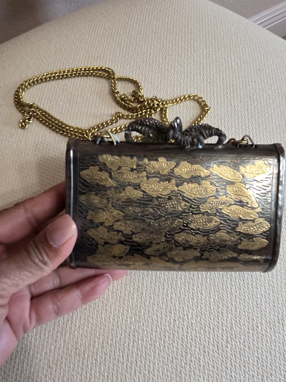 Gold and Black Fish-Pattern Metal Evening Crossbody Bag